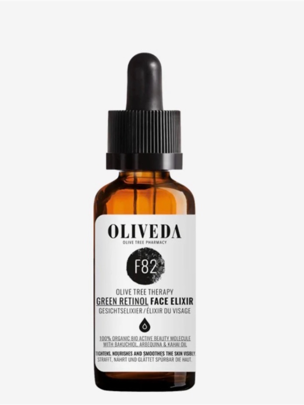Oliveda Green Retinol Face Elixir — Amber Bottle with Black Dropper